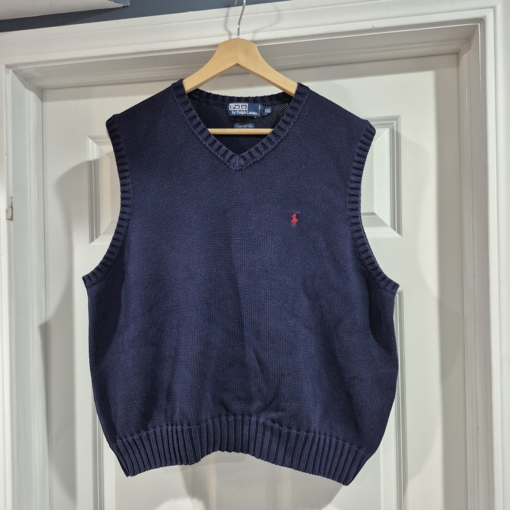 Vintage Polo Ralph Lauren Sweater Vest Mens XXL 2XL Navy Blue V-Neck Golf Preppy